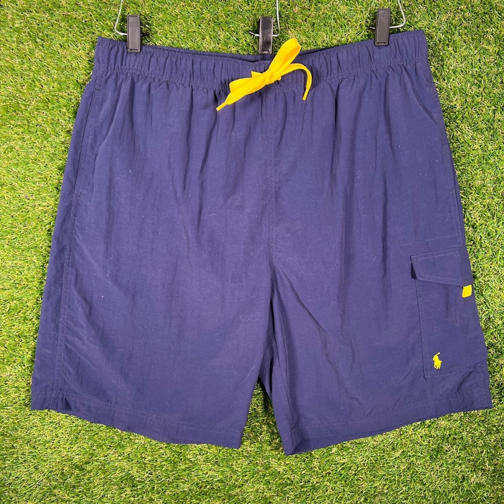 Polo Ralph‎ Lauren Mens XL Navy Blue Yellow Pony Cargo Swim Trunks Shorts